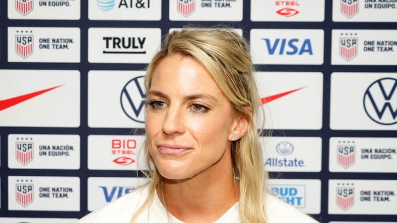 Jun 27, 2023; Carson, California, USA; USWNT forward Julie Ertz during Women's World Cup media day at Dignity Health Sports Park. Mandatory Credit: Kirby Lee-USA TODAY Sports