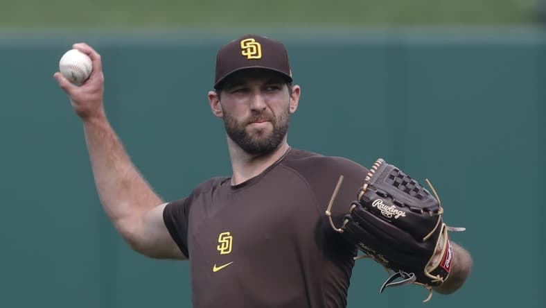 Jun 28, 2023; Pittsburgh, Pennsylvania, USA;  San Diego Padres pitcher Michael Wacha (52) throws in the outfield before the game against the Pittsburgh Pirates at PNC Park. Mandatory Credit: Charles LeClaire-USA TODAY Sports