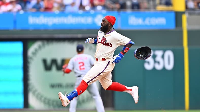 Jul 1, 2023; Philadelphia, Pennsylvania, USA; Philadelphia Phillies outfielder Josh Harrison (2) advances to second after hitting a double against the Washington Nationals in the fourth inning at Citizens Bank Park. Mandatory Credit: Kyle Ross-USA TODAY Sports