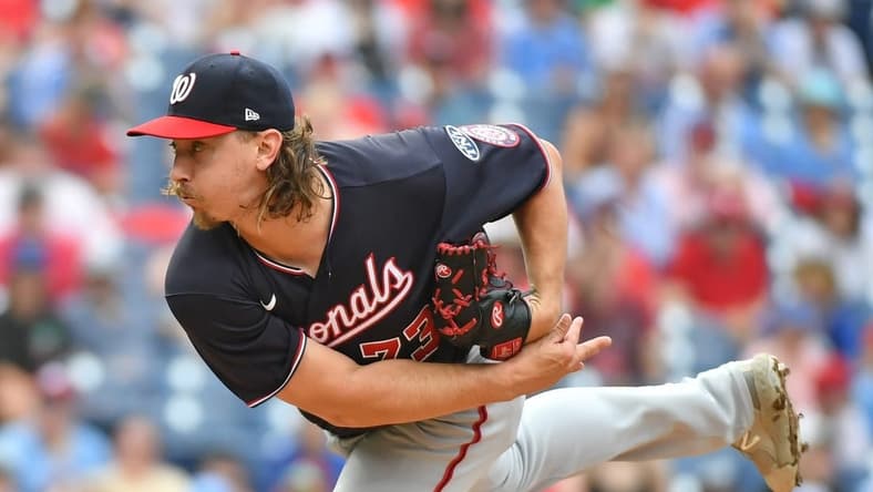 Jul 2, 2023; Philadelphia, Pennsylvania, USA; Washington Nationals relief pitcher Hunter Harvey (73) throws a pitch during the ninth inning against the Philadelphia Phillies at Citizens Bank Park. Mandatory Credit: Eric Hartline-USA TODAY Sports