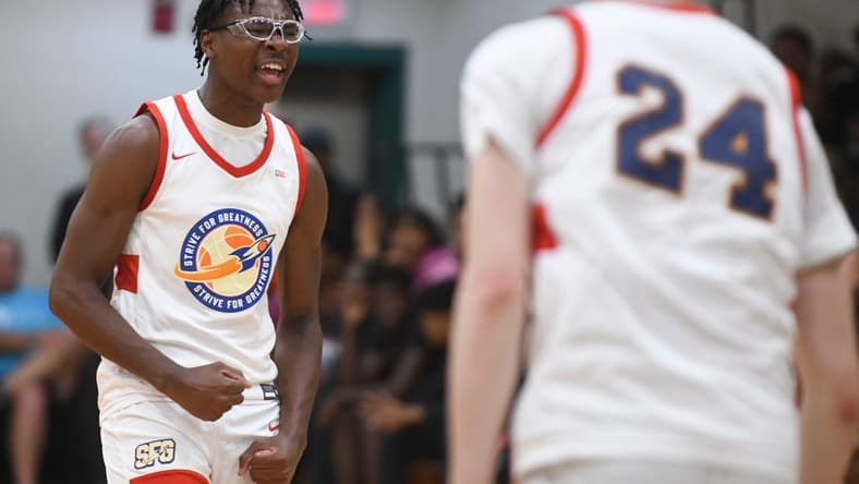 July 3, 2023; North Augusta, S.C., USA; Bryce James (5), son of LeBron James, cheers during the E16 Strive for Greatness and Expressions game at the first day of the Peach Jam at Riverview Park Activities Center. Strive for Greatness defeated Expressions 78-69. Mandatory Credit: Katie Goodale-USA TODAY Network