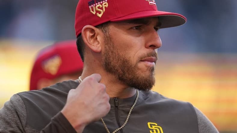 Jul 4, 2023; San Diego, California, USA;  San Diego Padres starting pitcher Joe Musgrove (44) after defeating the Los Angeles Angels at Petco Park. Mandatory Credit: Ray Acevedo-USA TODAY Sports