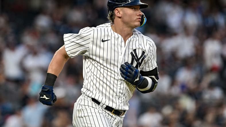 Jul 5, 2023; Bronx, New York, USA; New York Yankees third baseman Josh Donaldson (28) rounds the bases after hitting a solo home run against the Baltimore Orioles during the fifth inning at Yankee Stadium. Mandatory Credit: John Jones-USA TODAY Sports
