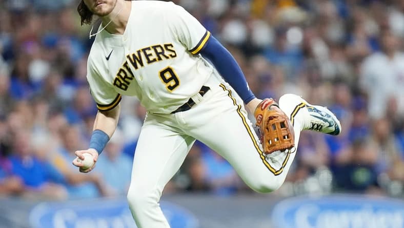 Milwaukee Brewers third baseman Brian Anderson (9) catches the ground ball from Chicago Cubs center fielder Cody Bellinger (24) during the second inning on Wednesday July 5, 2023 at American Family Field in Milwaukee, Wis.