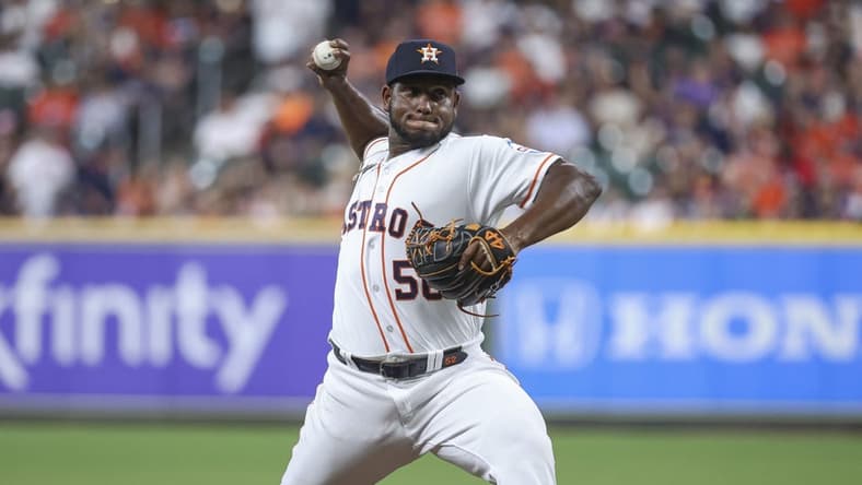 Jul 6, 2023; Houston, Texas, USA; Houston Astros starting pitcher Ronel Blanco (56) delivers a pitch during the third inning against the Seattle Mariners at Minute Maid Park. Mandatory Credit: Troy Taormina-USA TODAY Sports