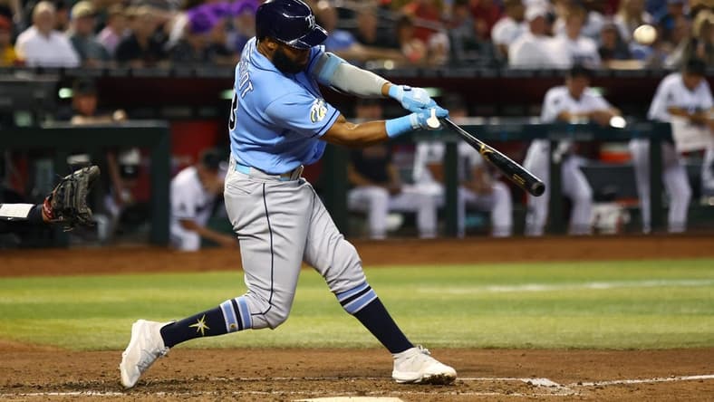 Jun 27, 2023; Phoenix, Arizona, USA; Tampa Bay Rays outfielder Manuel Margot against the Arizona Diamondbacks at Chase Field. Mandatory Credit: Mark J. Rebilas-USA TODAY Sports