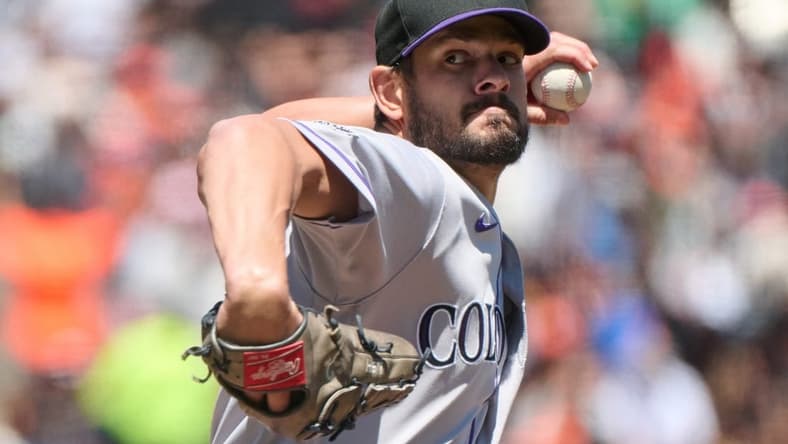 Jul 8, 2023; San Francisco, California, USA; Colorado Rockies pitcher Brad Hand (55) pitches against the San Francisco Giants during the fourth inning at Oracle Park. Mandatory Credit: Robert Edwards-USA TODAY Sports