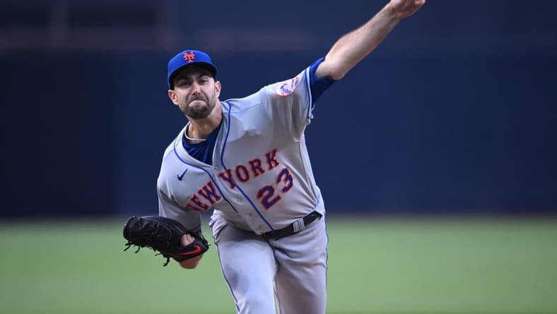 Jul 8, 2023; San Diego, California, USA; New York Mets starting pitcher David Peterson (23) throws a pitch against the San Diego Padres during the first inning at Petco Park. Mandatory Credit: Orlando Ramirez-USA TODAY Sports