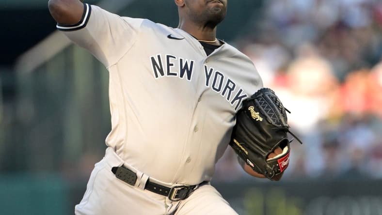 Jul 17, 2023; Anaheim, California, USA; New York Yankees starting pitcher Luis Severino (40) throws to the plate in the third inning against the Los Angeles Angels at Angel Stadium. Mandatory Credit: Jayne Kamin-Oncea-USA TODAY Sports