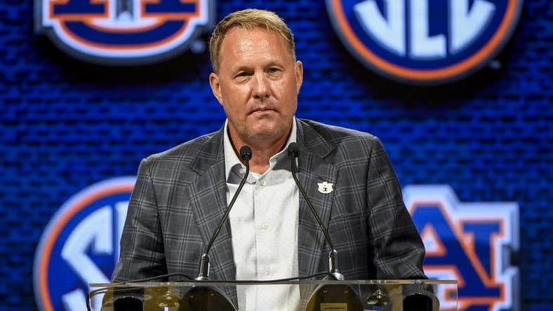 Jul 18, 2023; Nashville, TN, USA; Auburn Tigers head coach Hugh Freeze speaks with the media during SEC Media Days at Grand Hyatt. Mandatory Credit: Steve Roberts-USA TODAY Sports