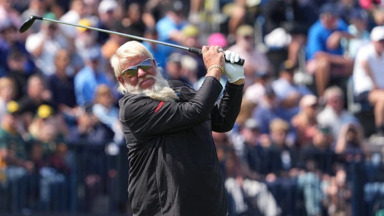 July 20, 2023; Hoylake, England, GBR; John Daly plays his shot from the fourth tee during the first round of The Open Championship golf tournament at Royal Liverpool. Mandatory Credit: Kyle Terada-USA TODAY Sports