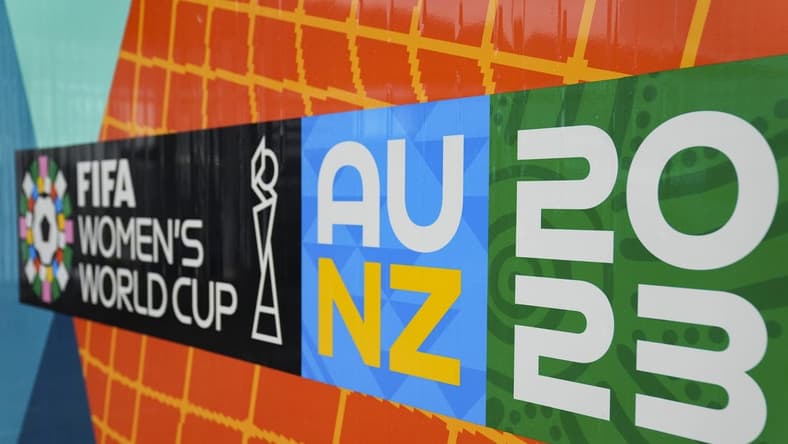 Jul 21, 2023; Auckland, NZL; A 2023 FIFA Women's World Cup logo is seen outside a fan festival. Mandatory Credit: Jenna Watson-USA TODAY Sports