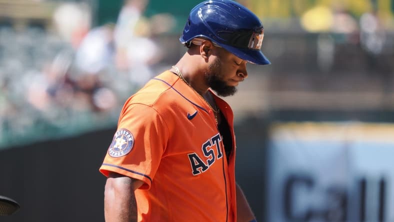 Jul 23, 2023; Oakland, California, USA; Houston Astros left fielder Corey Julks (9) walks to second base after being hit by a pitch by the Oakland Athletics during the ninth inning at Oakland-Alameda County Coliseum. Mandatory Credit: Kelley L Cox-USA TODAY Sports