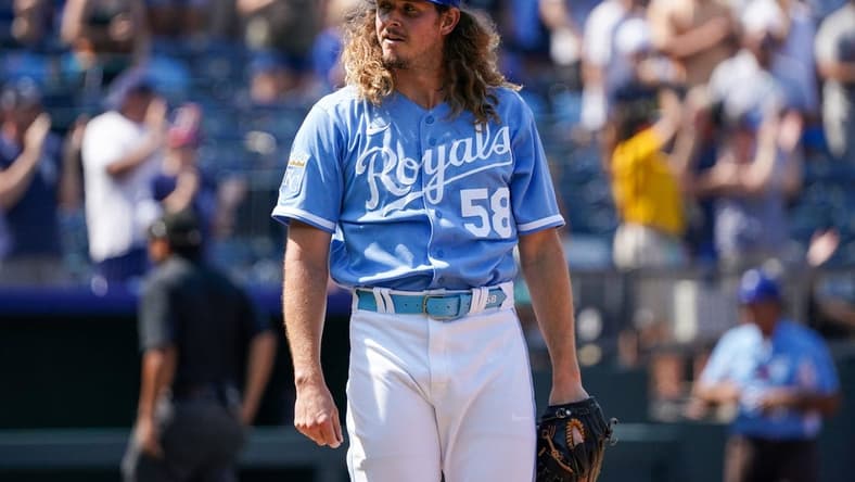 Jul 16, 2023; Kansas City, Missouri, USA; Kansas City Royals relief pitcher Scott Barlow (58) celebrates after the win over the Tampa Bay Rays at Kauffman Stadium. Mandatory Credit: Denny Medley-USA TODAY Sports