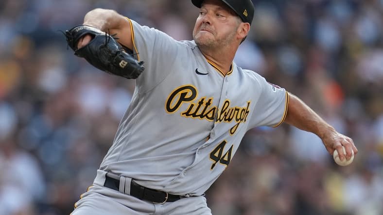 Jul 25, 2023; San Diego, California, USA; Pittsburgh Pirates starting pitcher Rich Hill (44) throws a pitch against the San Diego Padres during the first inning at Petco Park. Mandatory Credit: Ray Acevedo-USA TODAY Sports