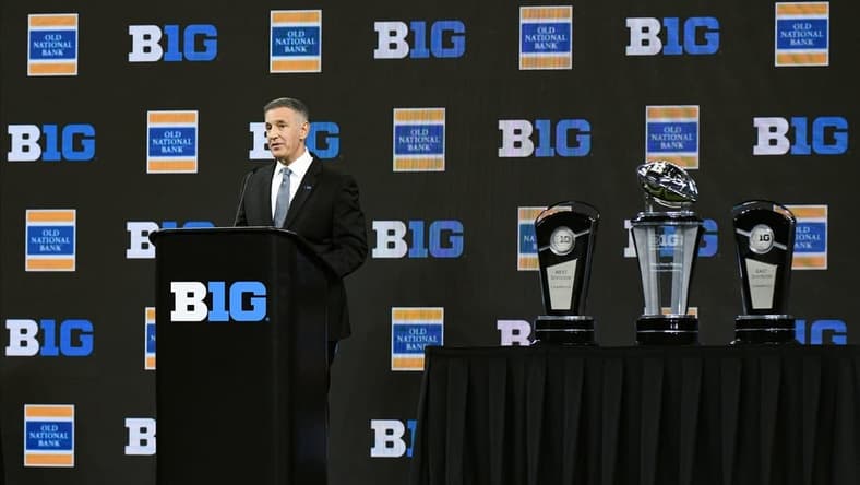 Jul 26, 2023; Indianapolis, IN, USA; Big Ten commissioner Tony Petitti speaks to the media during Big 10 football media days at Lucas Oil Stadium. Mandatory Credit: Robert Goddin-USA TODAY Sports