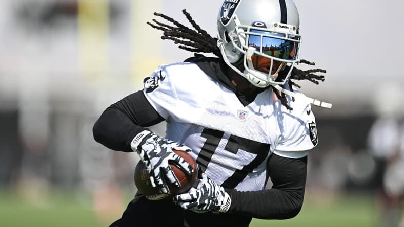 Jul 26, 2023; Las Vegas, Nevada, USA; Las Vegas Raiders wide receiver Davante Adams (17) runs a drill during training camp at the Intermountain Health Performance Center. Mandatory Credit: Candice Ward-USA TODAY Sports