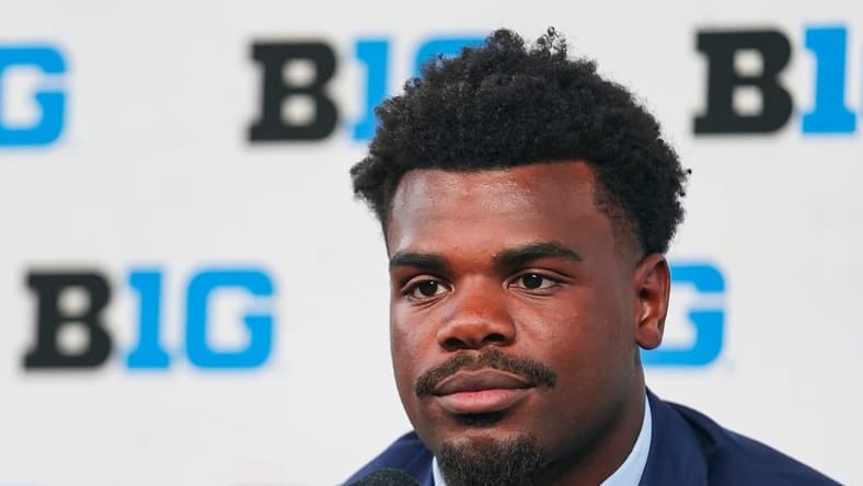 Jul 26, 2023; Indianapolis, IN, USA; Iowa Hawkeyes defensive lineman Noah Shannon speaks to the media during the Big 10 football media day at Lucas Oil Stadium. Mandatory Credit: Robert Goddin-USA TODAY Sports