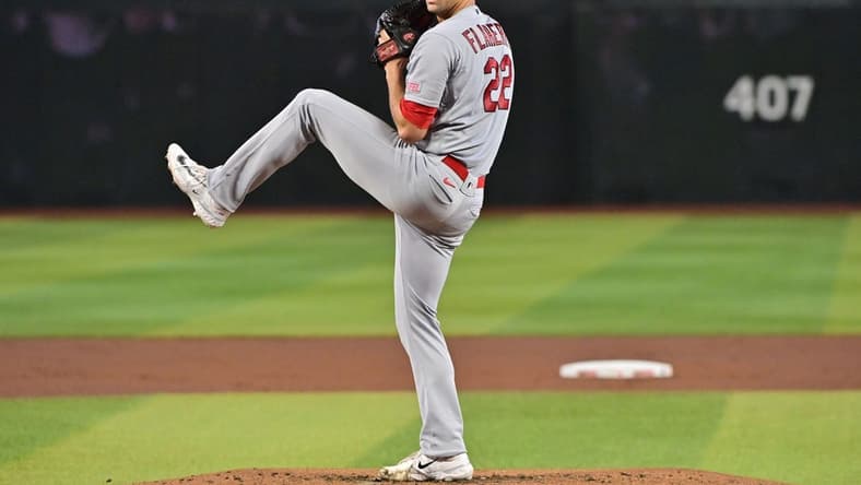 Jul 26, 2023; Phoenix, Arizona, USA;  St. Louis Cardinals starting pitcher Jack Flaherty (22) throws in the first inning against the Arizona Diamondbacks at Chase Field. Mandatory Credit: Matt Kartozian-USA TODAY Sports