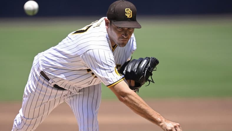 Jul 26, 2023; San Diego, California, USA; San Diego Padres starting pitcher Seth Lugo (67) throws a pitch against the Pittsburgh Pirates during the first inning at Petco Park. Mandatory Credit: Orlando Ramirez-USA TODAY Sports