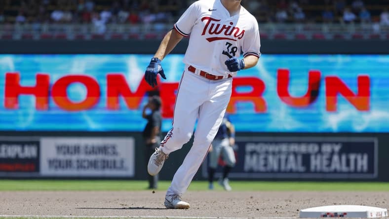 Jul 26, 2023; Minneapolis, Minnesota, USA; Minnesota Twins right fielder Matt Wallner (38) runs the bases on his solo home run in the sixth inning at Target Field. Mandatory Credit: Bruce Kluckhohn-USA TODAY Sports