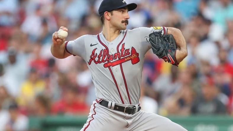 Jul 26, 2023; Boston, Massachusetts, USA; Atlanta Braves starting pitcher Spencer Strider (99) throws a pitch during the second inning against the Boston Red Sox at Fenway Park. Mandatory Credit: Paul Rutherford-USA TODAY Sports