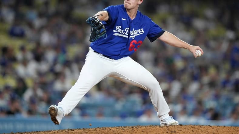 Jul 25, 2023; Los Angeles, California, USA; Los Angeles Dodgers relief pitcher Justin Bruihl (63) throws against the Toronto Blue Jays at Dodger Stadium. Mandatory Credit: Kirby Lee-USA TODAY Sports