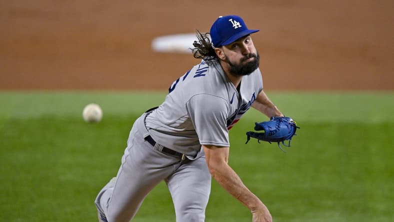 Jul 21, 2023; Arlington, Texas, USA; Los Angeles Dodgers starting pitcher Tony Gonsolin (26) in action during the game between the Texas Rangers and the Los Angeles Dodgers at Globe Life Field. Mandatory Credit: Jerome Miron-USA TODAY Sports