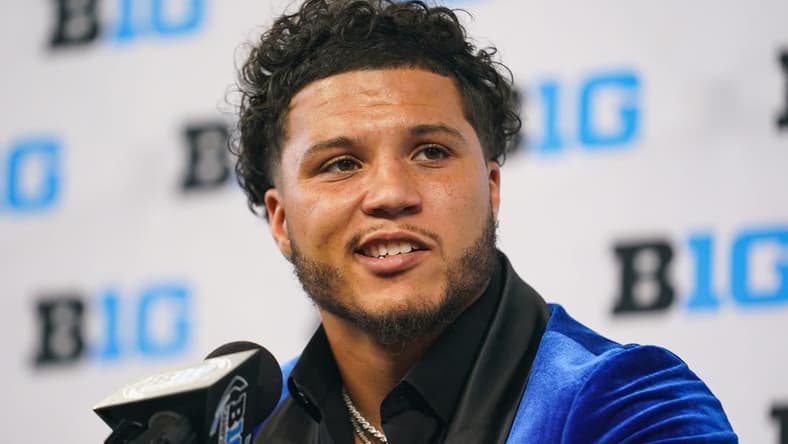 Jul 27, 2023; Indianapolis, IN, USA; Michigan Wolverines running back Blake Corum speaks to the media during the Big 10 football media day at Lucas Oil Stadium. Mandatory Credit: Robert Goddin-USA TODAY Sports