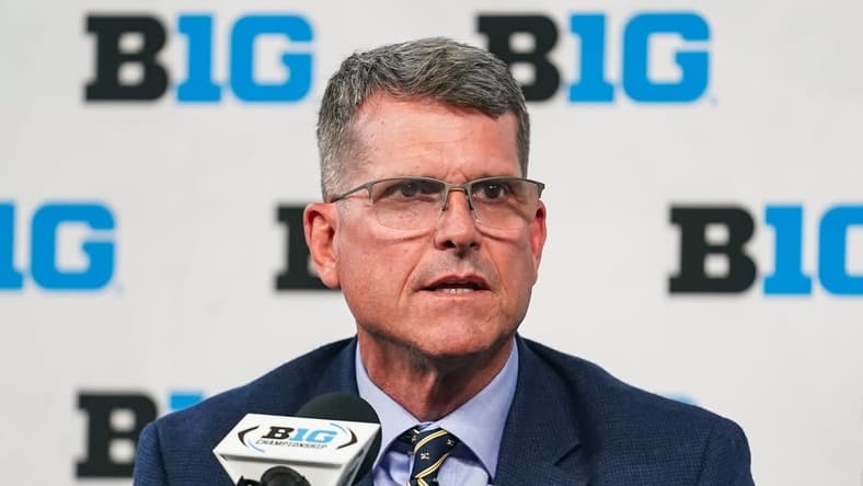 Jul 27, 2023; Indianapolis, IN, USA; Michigan Wolverines head coach Jim Harbaugh speaks to the media during the Big 10 football media day at Lucas Oil Stadium. Mandatory Credit: Robert Goddin-USA TODAY Sports
