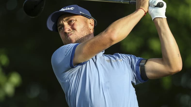 Jul 28, 2023; Blaine, Minnesota, USA; Justin Thomas hits his tee shot on the 11th hole during the second round of the 3M Open golf tournament. Mandatory Credit: Matt Krohn-USA TODAY Sports