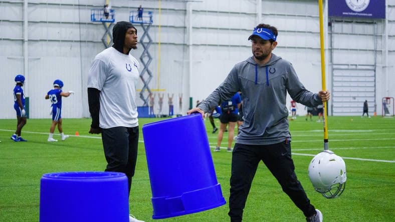 Jul 28, 2023; Westfield, Indiana, USA; Indianapolis Colts running back Jonathan Taylor (28) makes his way around the field during an indoor practice at Grand Park Sports Campus. Mandatory Credit: Mykal McEldowney/The Indianapolis Star-USA TODAY Sports
