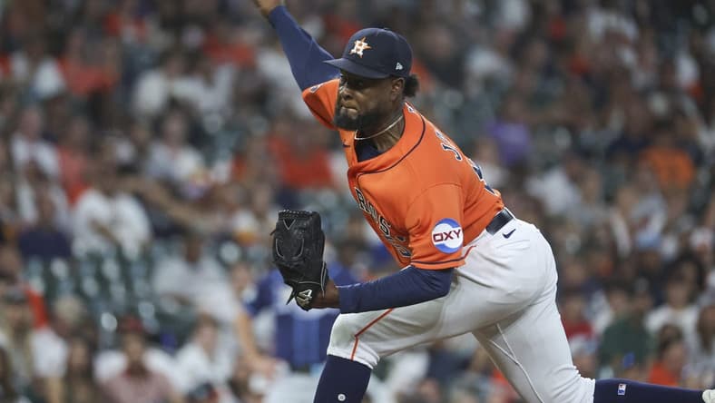 Jul 28, 2023; Houston, Texas, USA; Houston Astros starting pitcher Cristian Javier (53) delivers a pitch during the first inning against the Tampa Bay Rays at Minute Maid Park. Mandatory Credit: Troy Taormina-USA TODAY Sports