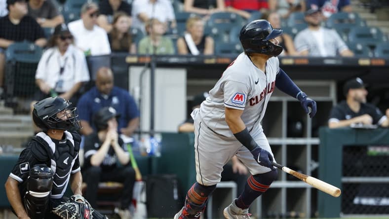 Jul 28, 2023; Chicago, Illinois, USA; Cleveland Guardians first baseman Josh Naylor (22) watches his single against the Chicago White Sox during the fourth inning at Guaranteed Rate Field. Mandatory Credit: Kamil Krzaczynski-USA TODAY Sports