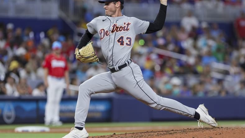 Jul 29, 2023; Miami, Florida, USA; Detroit Tigers relief pitcher Joey Wentz (43) delivers a pitch against the Miami Marlins during the fourth inning at loanDepot Park. Mandatory Credit: Sam Navarro-USA TODAY Sports
