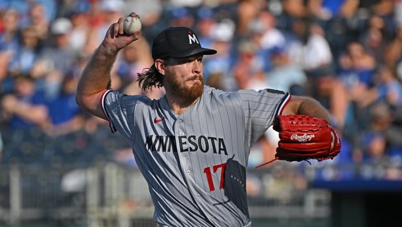 Jul 29, 2023; Kansas City, Missouri, USA; Minnesota Twins starting pitcher Bailey Ober (17) delivers a pitch during the first inning against the Kansas City Royals at Kauffman Stadium. Mandatory Credit: Peter Aiken-USA TODAY Sports