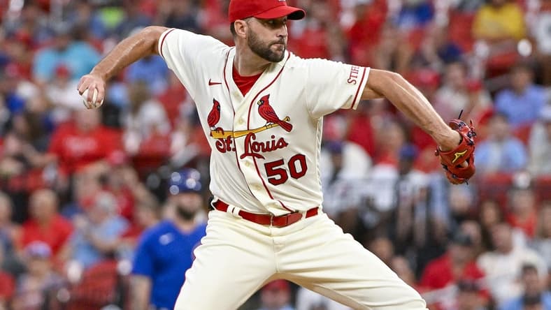 Jul 29, 2023; St. Louis, Missouri, USA;  St. Louis Cardinals starting pitcher Adam Wainwright (50) pitches against the Chicago Cubs during the first inning at Busch Stadium. Mandatory Credit: Jeff Curry-USA TODAY Sports