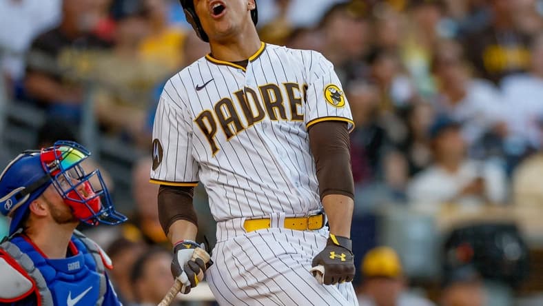 Jul 29, 2023; San Diego, California, USA; San Diego Padres left fielder Juan Soto (22) reacts after flying out to left field during the fifth inning against the Texas Rangers at Petco Park. Mandatory Credit: David Frerker-USA TODAY Sports