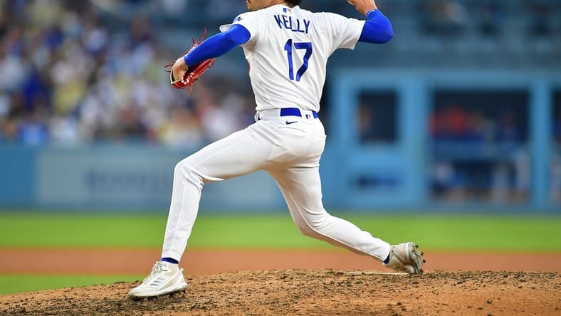 Jul 29, 2023; Los Angeles, California, USA; Los Angeles Dodgers relief pitcher Joe Kelly (17) throws against the Cincinnati Reds during the sixth inning at Dodger Stadium. Mandatory Credit: Gary A. Vasquez-USA TODAY Sports
