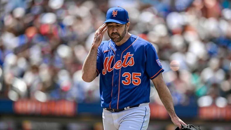 Jul 30, 2023; New York City, New York, USA; New York Mets starting pitcher Justin Verlander (35) walks to the dugout during the fourth inning against the Washington Nationals at Citi Field. Mandatory Credit: John Jones-USA TODAY Sports