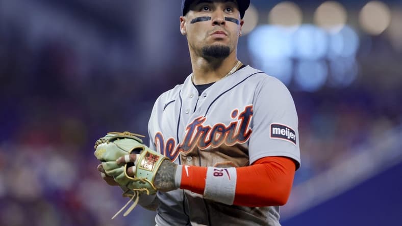 Jul 30, 2023; Miami, Florida, USA; Detroit Tigers shortstop Javier Baez (28) looks on against the Miami Marlins at loanDepot Park. Mandatory Credit: Sam Navarro-USA TODAY Sports
