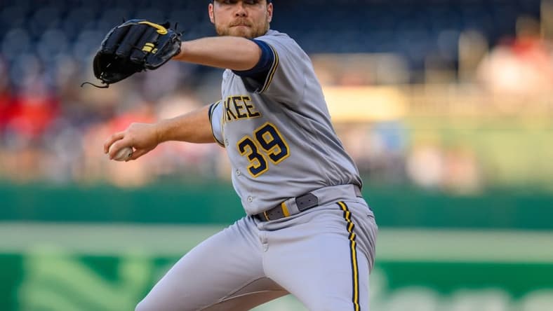 Jul 31, 2023; Washington, District of Columbia, USA; Milwaukee Brewers starting pitcher Corbin Burnes (39) throws a pitch during the second inning against the Washington Nationals at Nationals Park. Mandatory Credit: Reggie Hildred-USA TODAY Sports