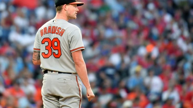 Jul 26, 2023; Philadelphia, Pennsylvania, USA; Baltimore Orioles starting pitcher Kyle Bradish (39) against the Philadelphia Phillies at Citizens Bank Park. Mandatory Credit: Eric Hartline-USA TODAY Sports