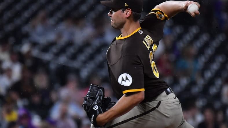 Jul 31, 2023; Denver, Colorado, USA; San Diego Padres starting pitcher Seth Lugo (67) delivers a pitch against the Colorado Rockies at Coors Field. Mandatory Credit: John Leyba-USA TODAY Sports