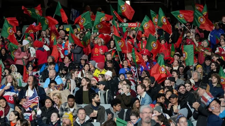 Aug 1, 2023; Auckland, NZL; Portugal fans before a group stage match against the United States during the 2023 FIFA Women's World Cup at Eden Park. Mandatory Credit: Jenna Watson-USA TODAY Sports