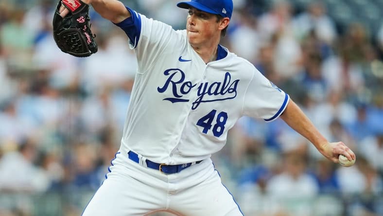 Jul 19, 2023; Kansas City, Missouri, USA; Kansas City Royals starting pitcher Ryan Yarbrough (48) pitches during the first inning against the Detroit Tigers at Kauffman Stadium. Mandatory Credit: Jay Biggerstaff-USA TODAY Sports