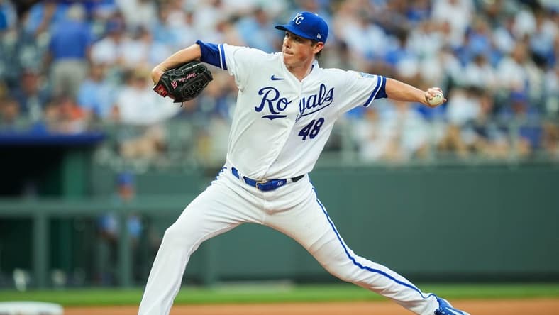 Jul 19, 2023; Kansas City, Missouri, USA; Kansas City Royals starting pitcher Ryan Yarbrough (48) pitches during the first inning against the Detroit Tigers at Kauffman Stadium. Mandatory Credit: Jay Biggerstaff-USA TODAY Sports