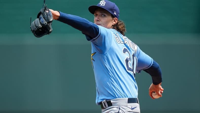 Jul 15, 2023; Kansas City, Missouri, USA; Tampa Bay Rays starting pitcher Tyler Glasnow (20) warms up during the first inning against the Kansas City Royals at Kauffman Stadium. Mandatory Credit: Jay Biggerstaff-USA TODAY Sports