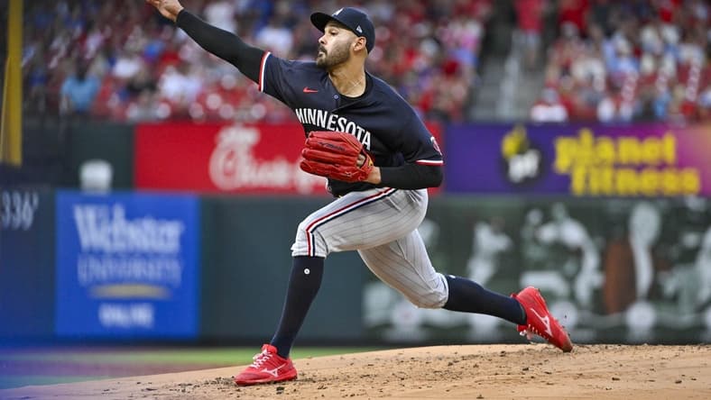 Aug 1, 2023; St. Louis, Missouri, USA;  Minnesota Twins starting pitcher Pablo Lopez (49) pitches against the St. Louis Cardinals during the second inning at Busch Stadium. Mandatory Credit: Jeff Curry-USA TODAY Sports