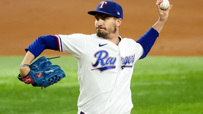 Aug 1, 2023; Arlington, Texas, USA; Texas Rangers starting pitcher Andrew Heaney (44) throws during the first inning against the Chicago White Sox at Globe Life Field. Mandatory Credit: Kevin Jairaj-USA TODAY Sports